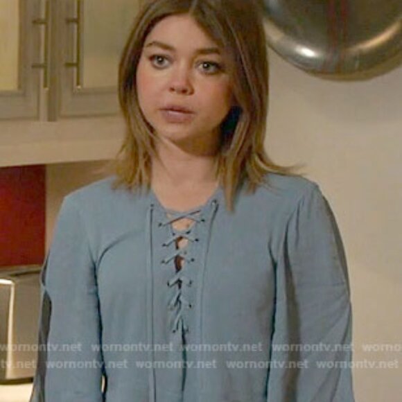 Lovers + Friends Lace Up Boulevard Top/Blouse, Dusty Blue, Size XS - Picture 2 of 10